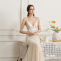Luxury Ivory modern design thin suspenders v-neck long tail petal lace guangzhou plus size wedding dresses for bride